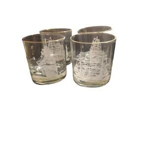 MCM whiskey glasses set 4 ship clipper nautical Sailboat Historic Ships EUC